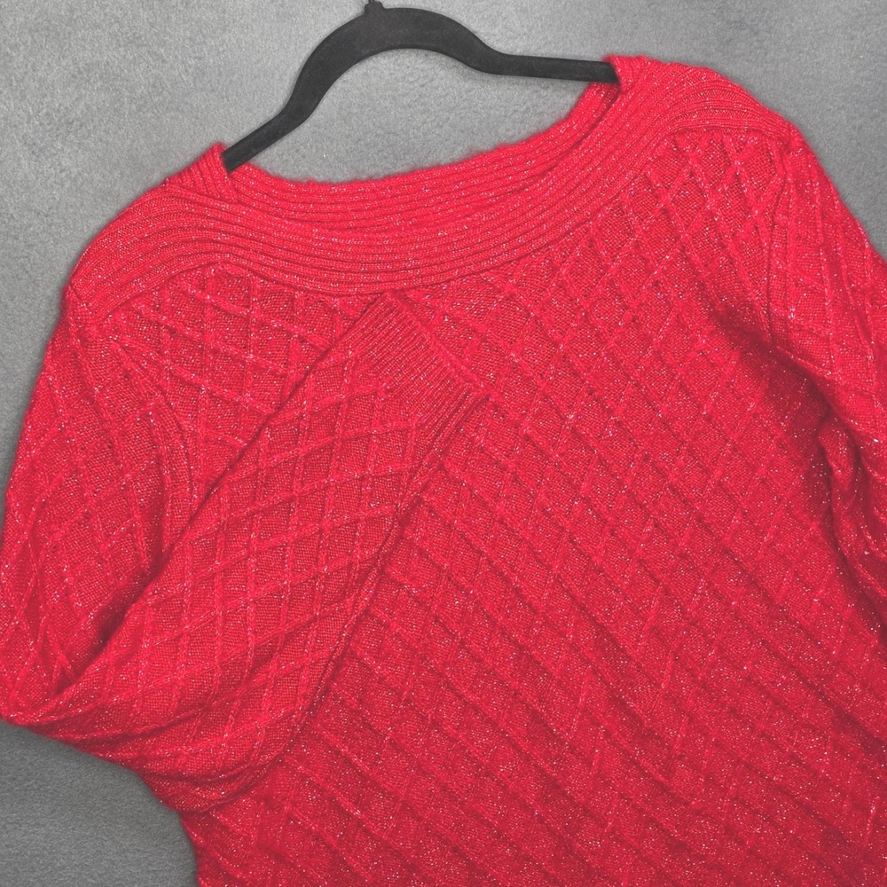 Cathy Daniels Cherry Red Metallic Cable Knit Sweater XL Happy Holidays New